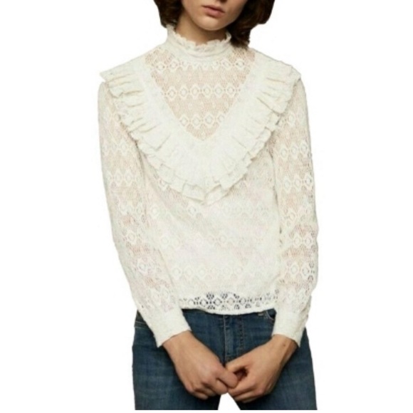 MAJE Limba Long Sleeve High Neck Lace Top Blouse in BLACK - Picture 2 of 11